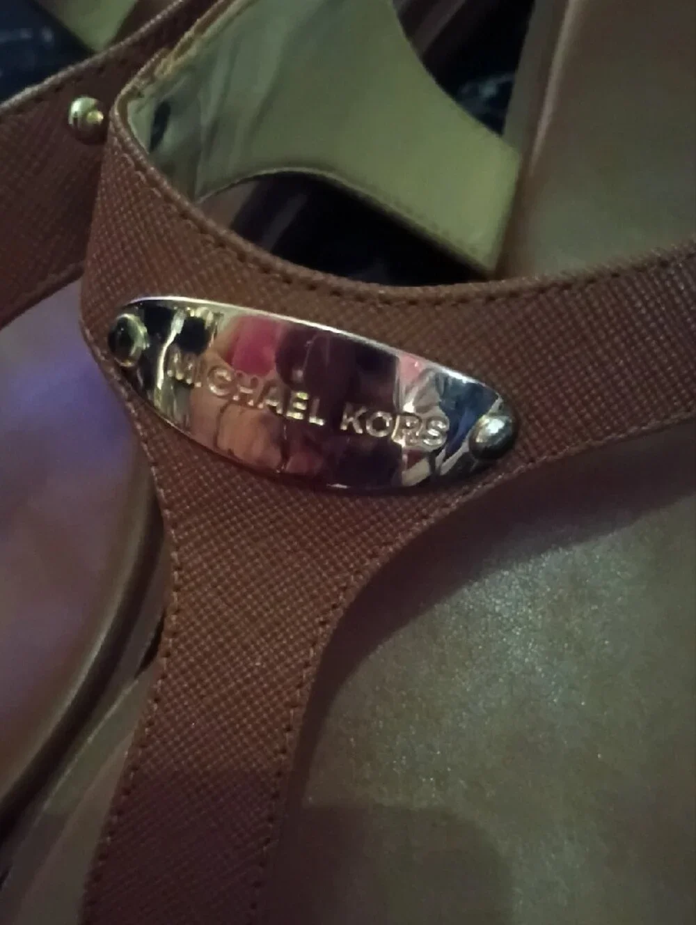 Michael Kors Brown Leather T-Strap Sandals with Gold Accent